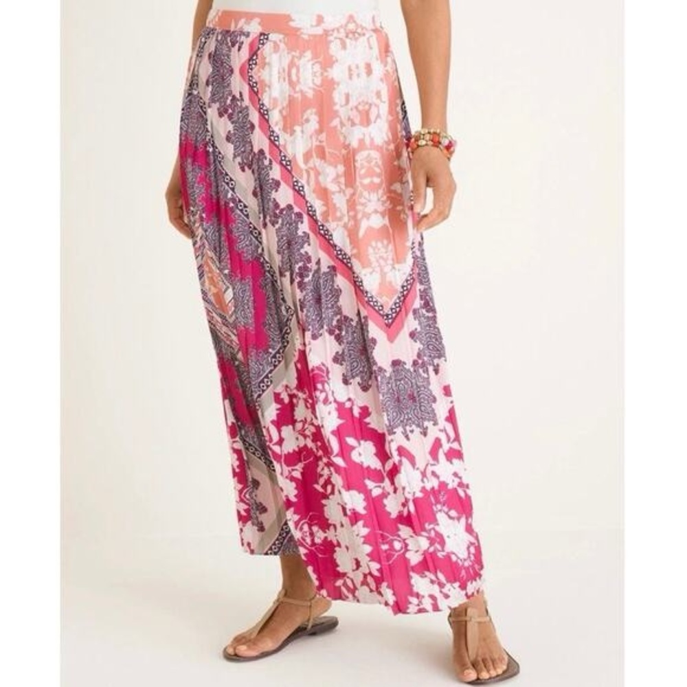 Chicos Pleated Printed Boho Maxi Skirt Accordion Skirt Plus Size 16/18